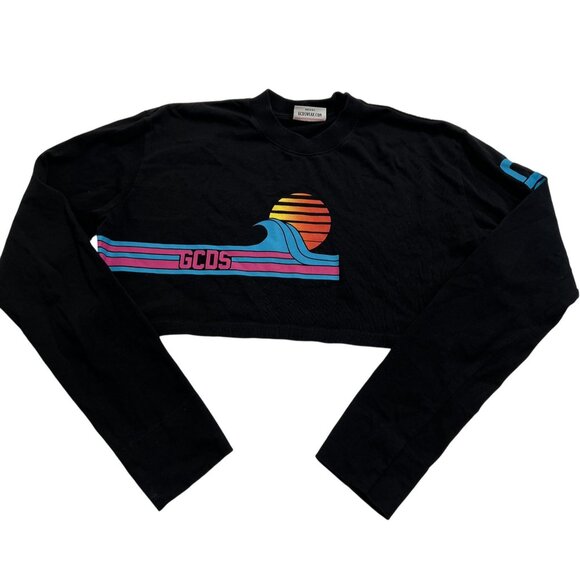 GCDS Long Sleeve Crop Top in Black - Picture 1 of 4
